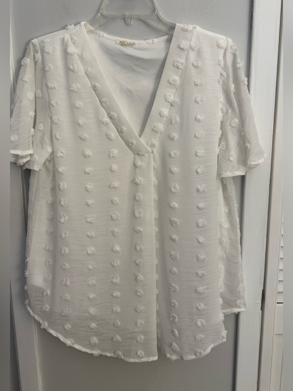 Jodifl White Swiss Dot V-Neck Flutter Sleeve Lined Blouse Medium